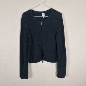 Max Mara Leisure Blue & Green Ribbed Knit Cotton Zip Up Sweater Size Large